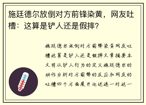 施廷德尔放倒对方前锋染黄，网友吐槽：这算是铲人还是假摔？