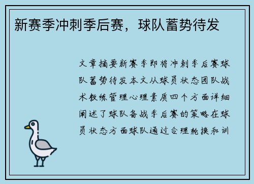 新赛季冲刺季后赛，球队蓄势待发